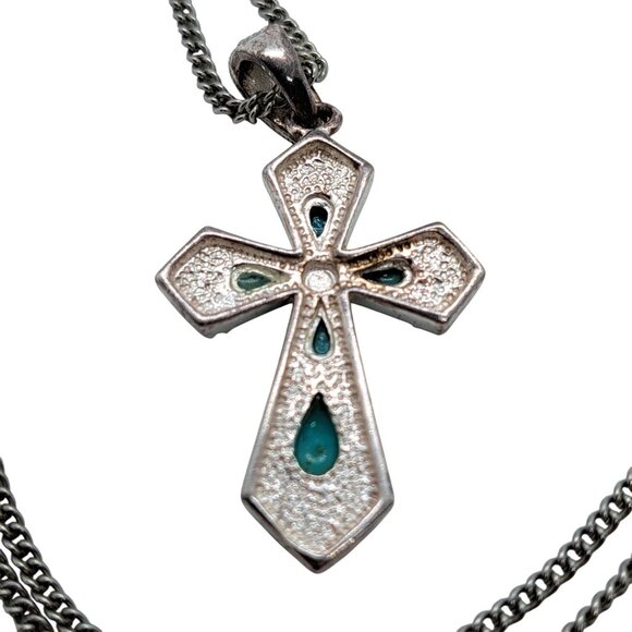 Silver tone and turquoise colored stones cross necklace - Picture 3 of 4